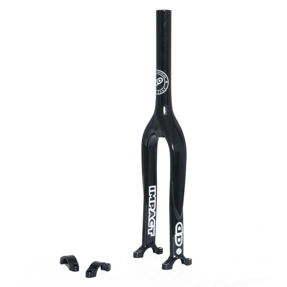 Svart Impact Gravity enhjulingsgaffel/ram med IMPACT-logotypen. Två svarta clamps ligger intill ramen