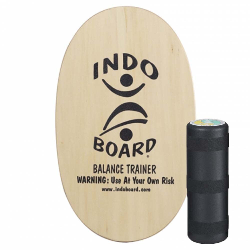Oval Indo Board balansbräda (deck) i obehandlat trä med svart Original-logotyp, komplett med den svarta rullen