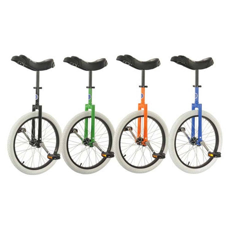 Club Freestyle 20" enhjulingar i färgerna grön, svart, orange och blå – perfekta för nybörjare och trickcykling.
