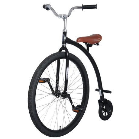 Hela Hoppley Penny Farthing höghjuling i svart med stort framhjul, litet bakhjul, kromstyre och brun sadel
