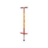Röd Qu-Ax hoppstylta (Pogo Stick) med gul logotyp, avsedd för barn som väger 20–30 kg