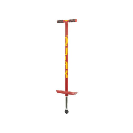 Röd Qu-Ax hoppstylta (Pogo Stick) med gul logotyp, avsedd för barn som väger 20–30 kg