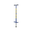 Blå Qu-Ax hoppstylta (Pogo Stick) med gul logotyp, avsedd för användare som väger cirka 30–50 kg