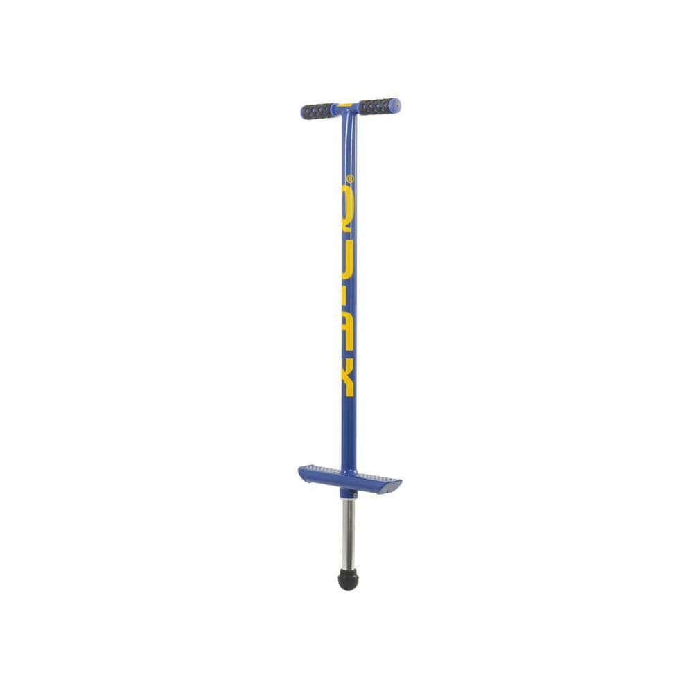 Blå Qu-Ax hoppstylta (Pogo Stick) med gul logotyp, avsedd för användare som väger cirka 30–50 kg