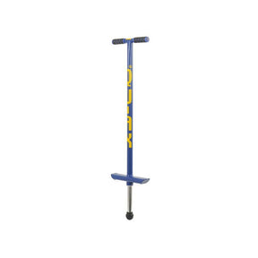 Blå Qu-Ax hoppstylta (Pogo Stick) med gul logotyp, avsedd för användare som väger cirka 30–50 kg