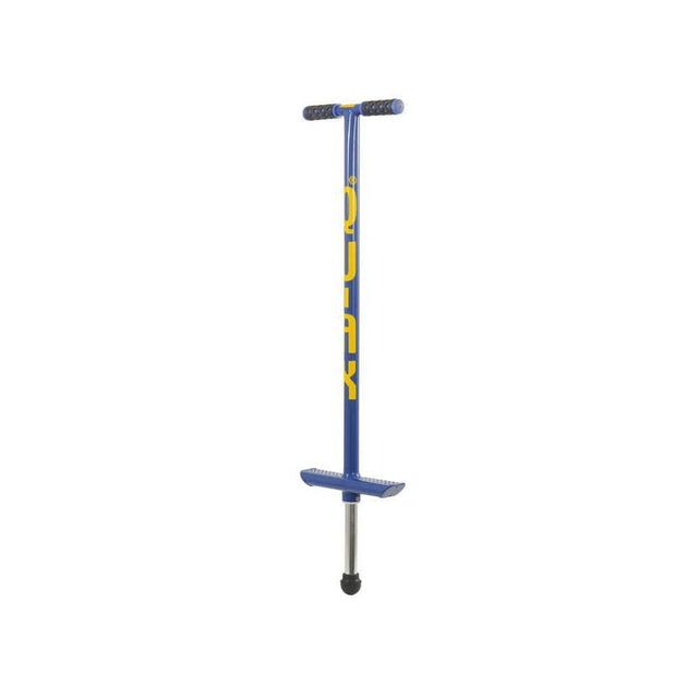 Blå Qu-Ax hoppstylta (Pogo Stick) med gul logotyp, avsedd för användare som väger cirka 30–50 kg