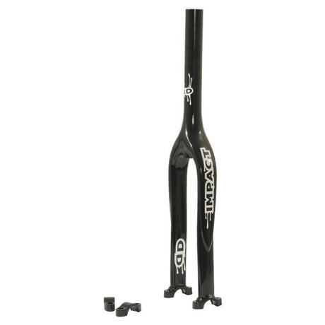 Svart Impact Gravity enhjulingsgaffel/ram med IMPACT-logotypen. Två svarta clamps ligger intill ramen