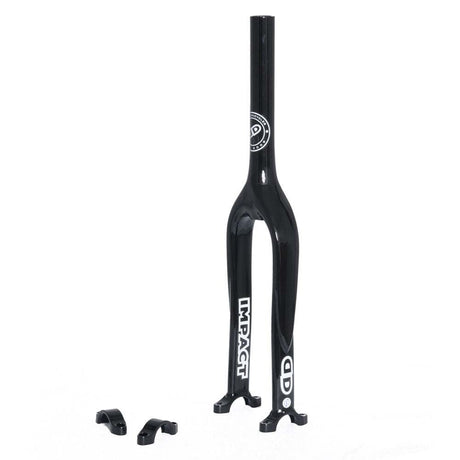 Svart Impact Gravity enhjulingsgaffel/ram med IMPACT-logotypen. Två svarta clamps ligger intill ramen