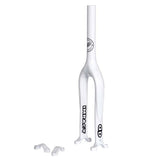 Vit enhjulingsgaffel/ram (Impact Gravity) med IMPACT-logotypen tryckt på gaffelbenet och två vita clamps