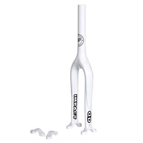 Vit enhjulingsgaffel/ram (Impact Gravity) med IMPACT-logotypen tryckt på gaffelbenet och två vita clamps