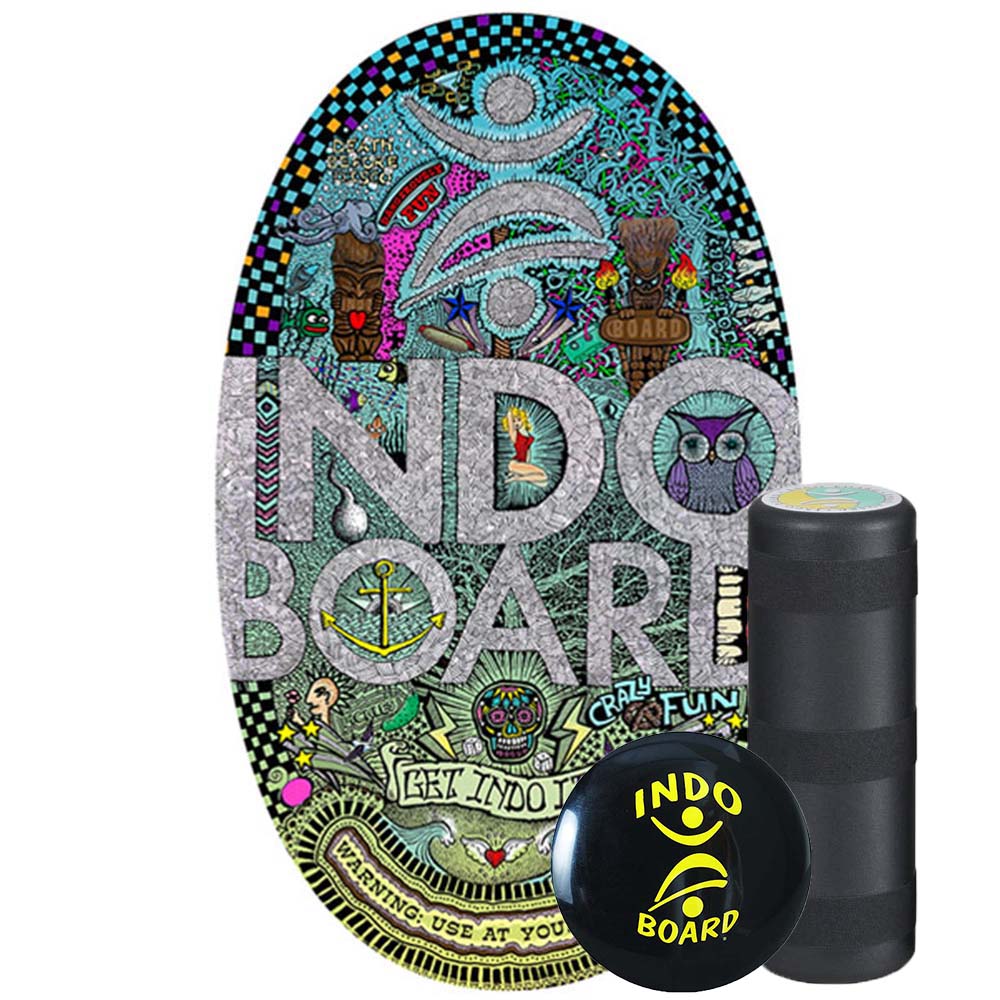 Indo Board Original balansbräda (Doodle design) med intensiv, kaotisk grafik i neonfärger, komplett med rulle och IndoFLO Balance Cushion