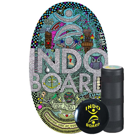 Indo Board Original balansbräda (Doodle design) med intensiv, kaotisk grafik i neonfärger, komplett med rulle och IndoFLO Balance Cushion