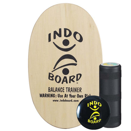 Indo Board Original Mini balansbräda i naturträ, komplett med rulle och IndoFLO Balance Cushion. Lämplig för barn och rehabilitering