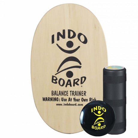Indo Board Original balansbräda i naturträ med svart logotyp, komplett med rulle och IndoFLO Balance Cushion