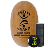 Indo Board balansbräda i bambu-trä med svart logotyp, komplett med rulle och IndoFLO Balance Cushion