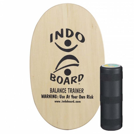 Oval Indo Board balansbräda (deck) i obehandlat trä med svart Original-logotyp, komplett med den svarta rullen