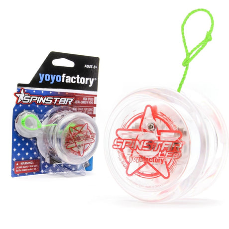 Produktbild på en genomskinlig Spinstar LED jojo från YoyoFactory med röd grafik av en stjärna och texten "Spinstar LED". Jojon har ett neongrönt snöre och står bredvid sin originalförpackning som har ett stjärnmönstrat tema i rött, vitt och blått.