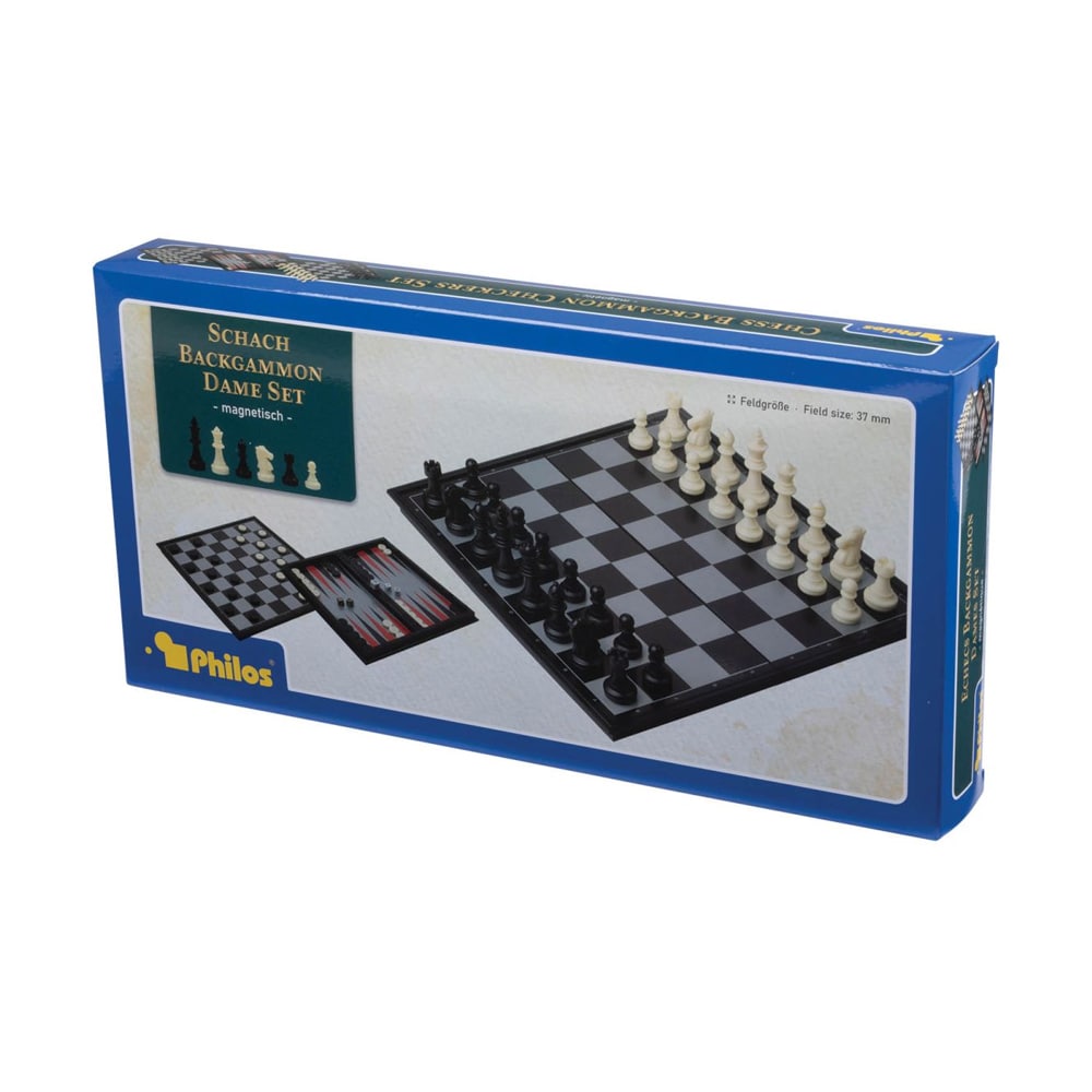 Spelset med Backgammon, Schack och Dam – tre klassiska spel i en praktisk trälåda.